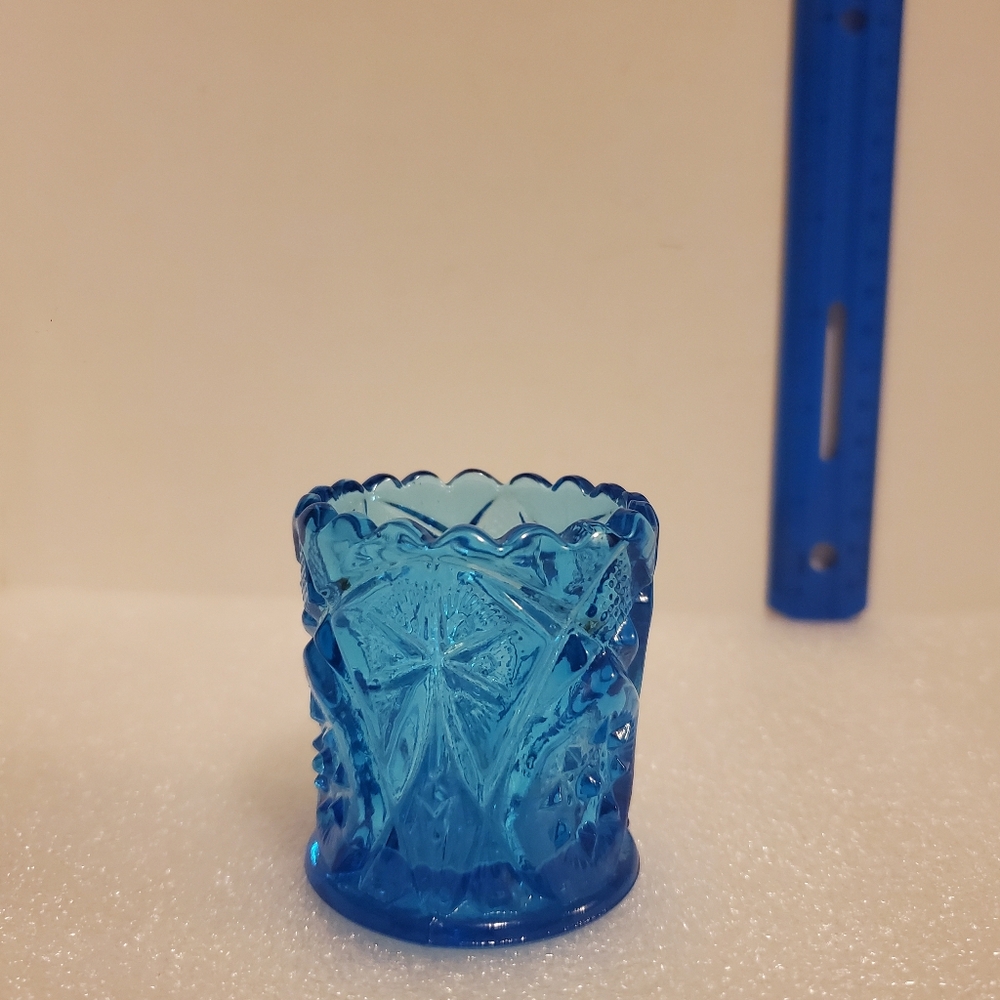 Vtg Kanawha Pressed Glass Bicentennial Blue Toothpick Holder Eagle Star Motif